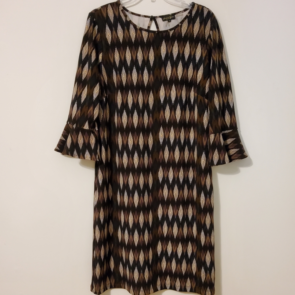 Peach Velvet Stretch Brown/Black/Beige 3/4 Flare Sleeves Shift Dress Size 10